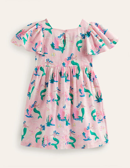 Flutter-Sleeve Printed Dress-Pink Magical Mermaid Ombre