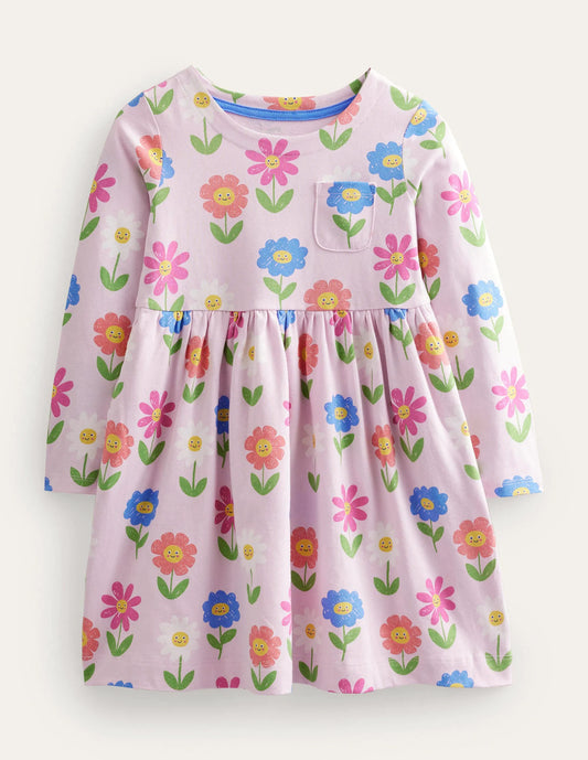 Long Sleeve Fun Jersey Dress-Winsome Pink Flowers