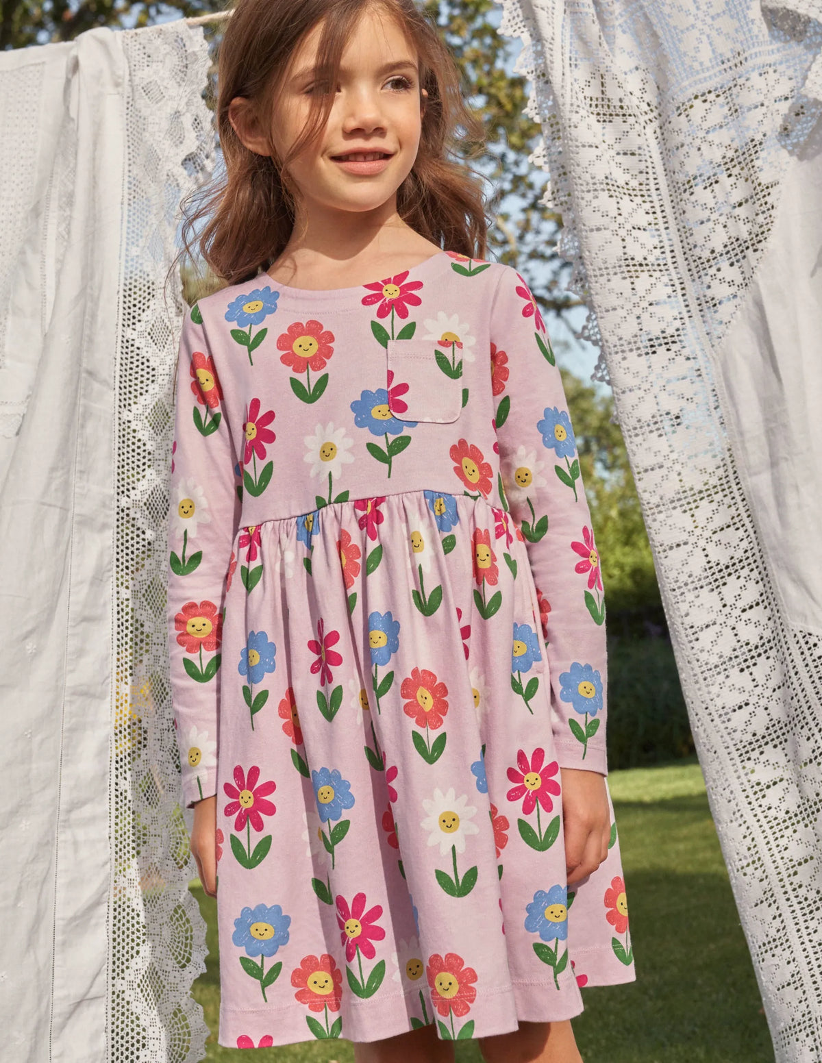 Long Sleeve Fun Jersey Dress-Winsome Pink Flowers