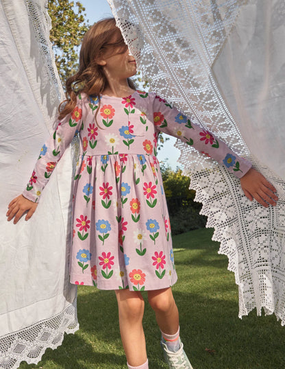 Long Sleeve Fun Jersey Dress-Winsome Pink Flowers