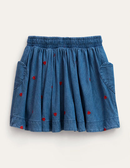 Woven Twirly Skirt-Mid Vintage Denim Hearts