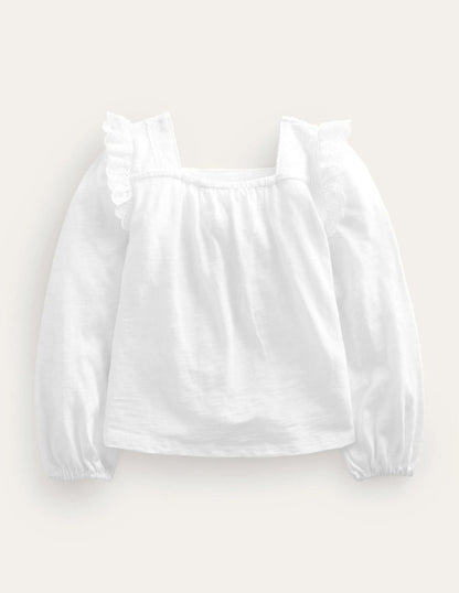 Square Neck Broderie Mix Top-White