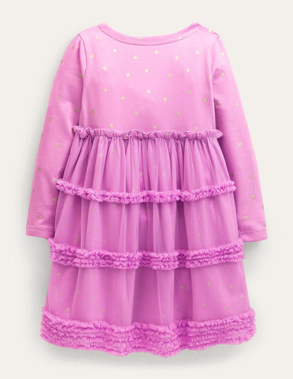 Long Sleeve Jersey Tulle Dress-Orchid Petal Pink/Gold Spot