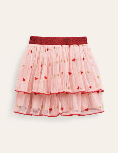 Embroidered Tulle Skirt-Pink Heart Embroidery