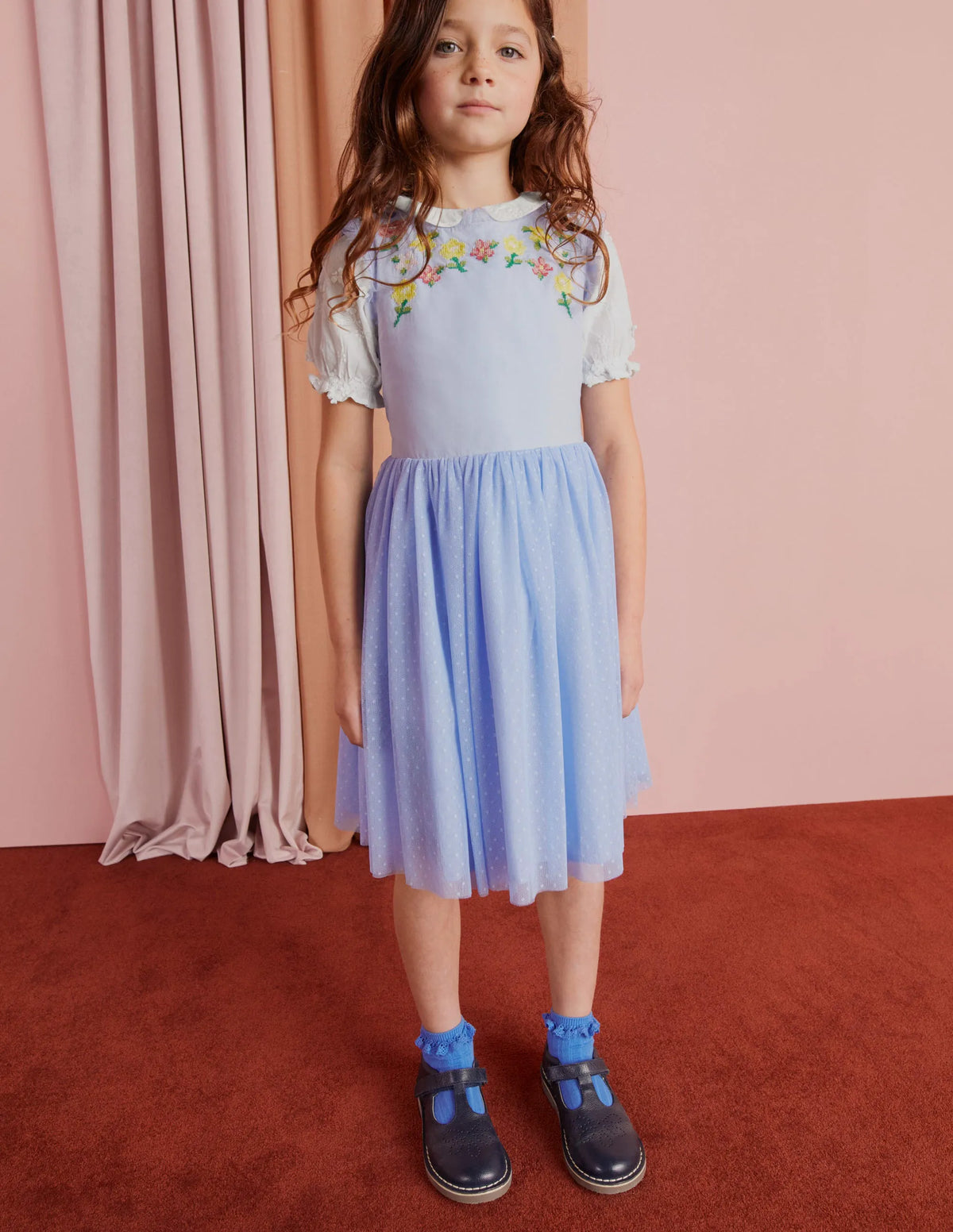 Embroidered Cross-Back Dress-Whisper Blue