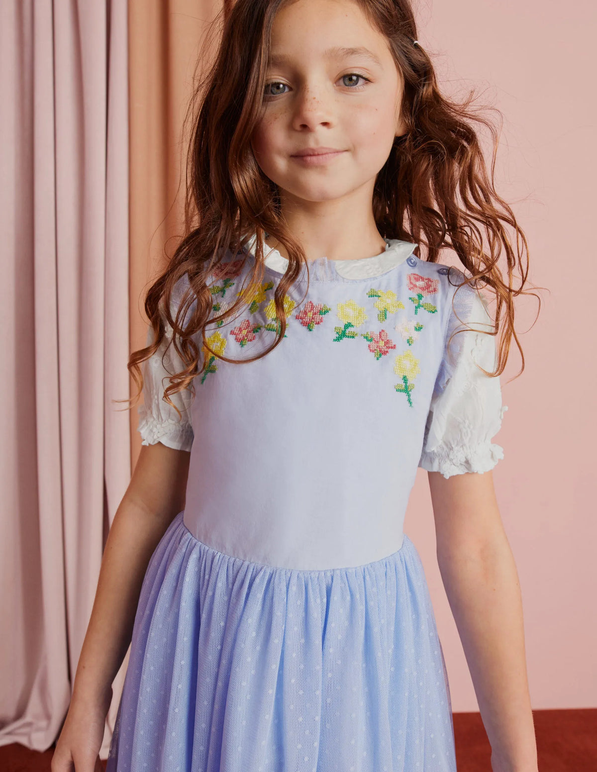Embroidered Cross-Back Dress-Whisper Blue