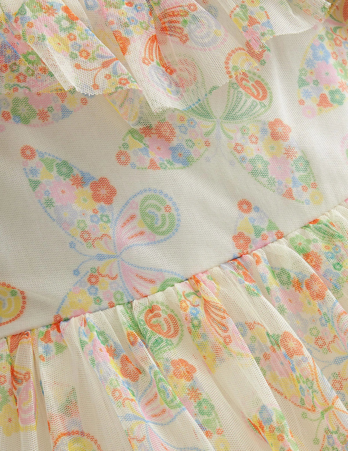 Frilly Tulle Dress-Ivory Multi Butterflies
