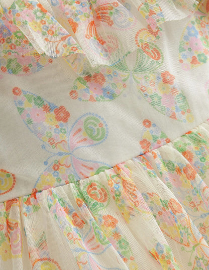 Frilly Tulle Dress-Ivory Multi Butterflies