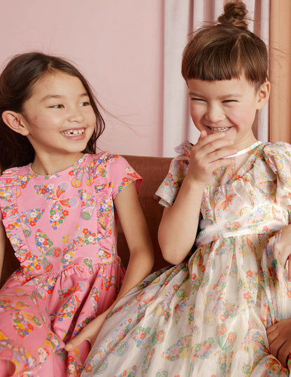 Frilly Tulle Dress-Ivory Multi Butterflies