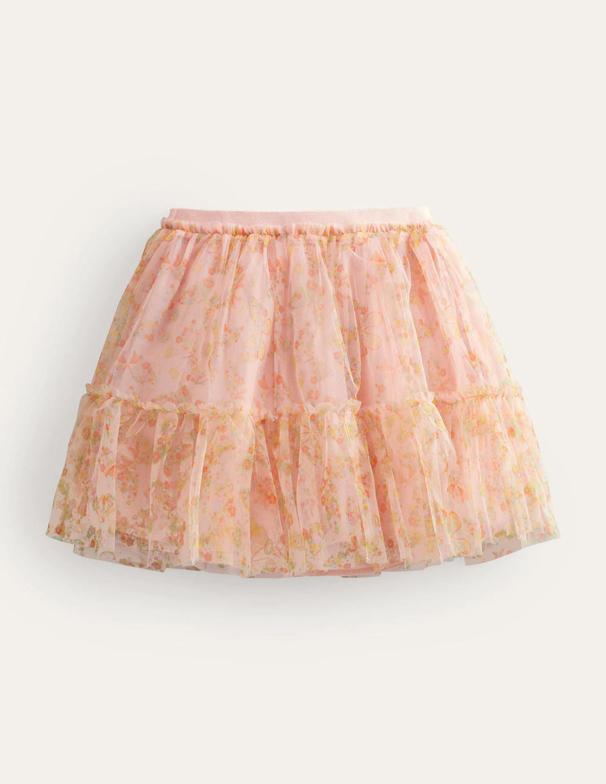 Printed Tiered Tulle Skirt-Rose Pink Butterflies