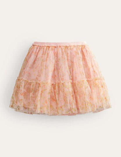 Printed Tiered Tulle Skirt-Rose Pink Butterflies
