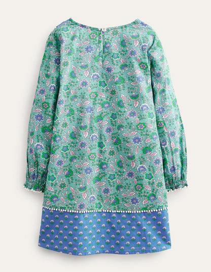 Long-sleeve Printed Kaftan-Aqua Sea Floral Vine