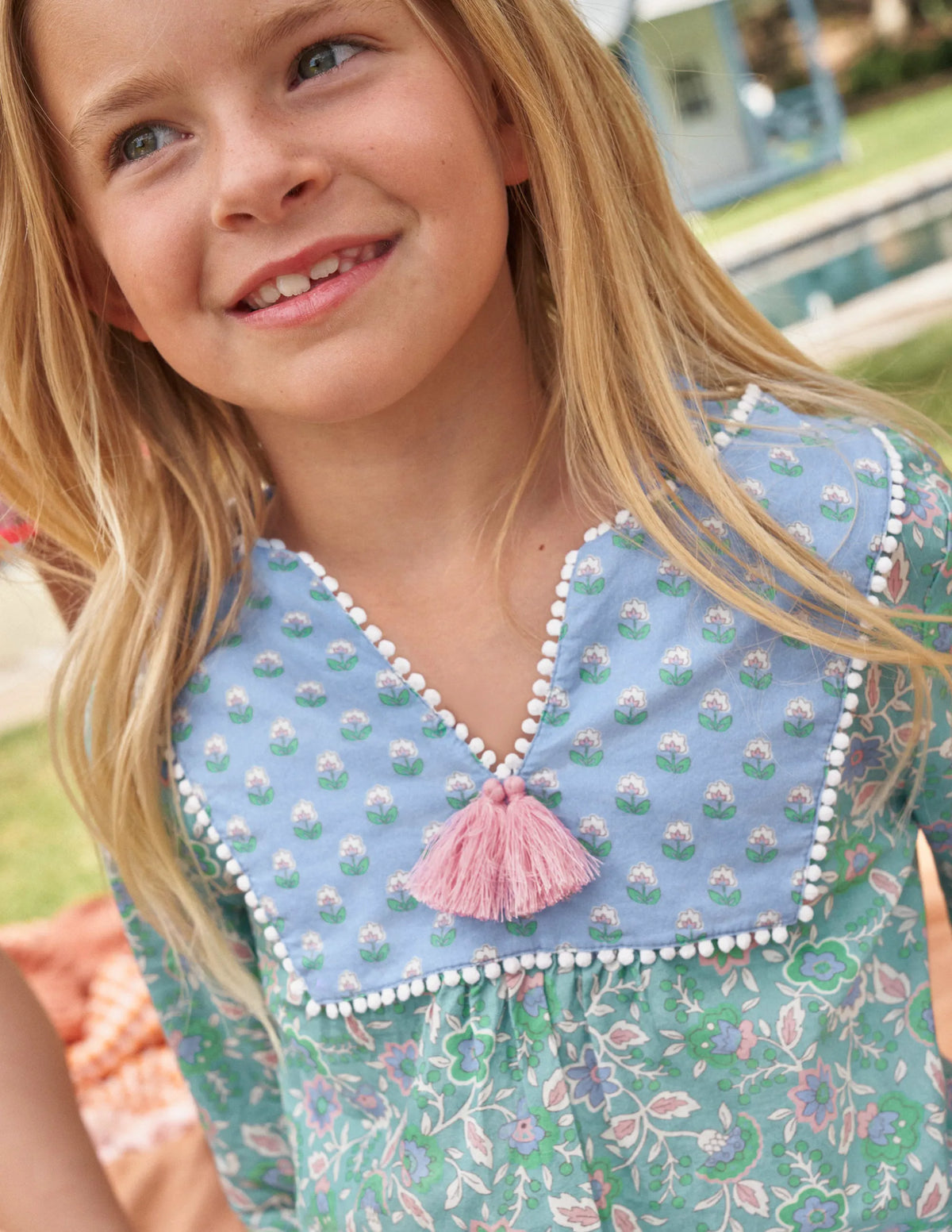 Long-sleeve Printed Kaftan-Aqua Sea Floral Vine