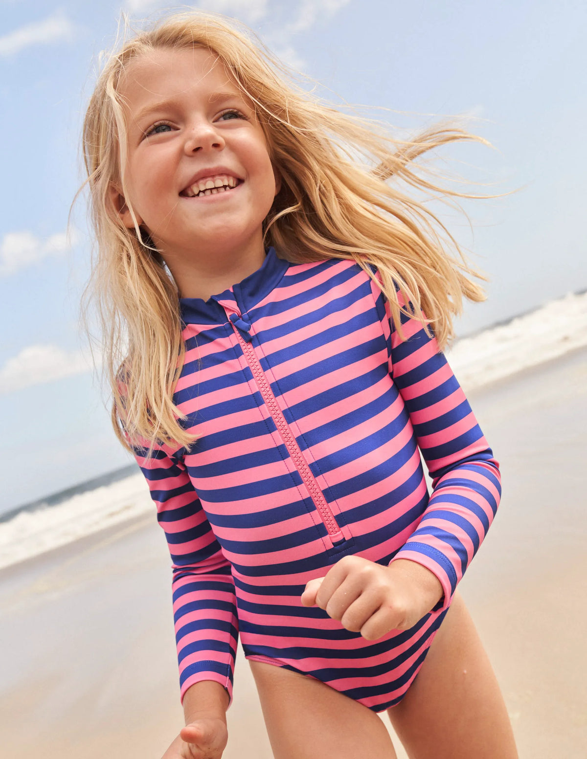 Long-sleeved Swimsuit-Azelea and Bluing Stripe