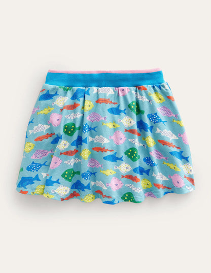 Printed Jersey Skort-Aqua Sea Blue Fish