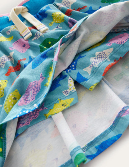 Printed Jersey Skort-Aqua Sea Blue Fish