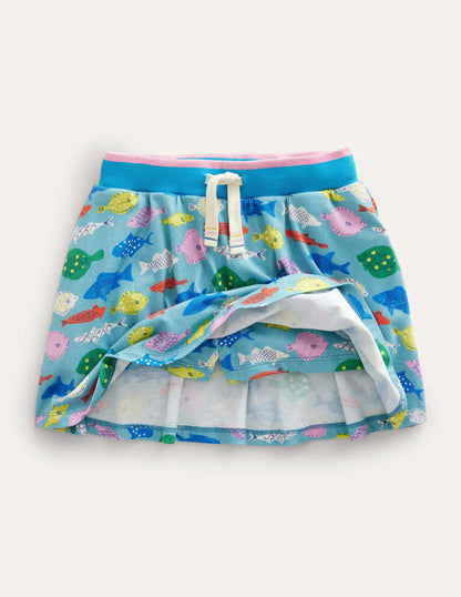 Printed Jersey Skort-Aqua Sea Blue Fish