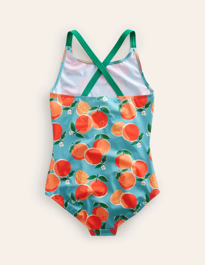 Cross-back Printed Swimsuit-Aqua Blue Oranges