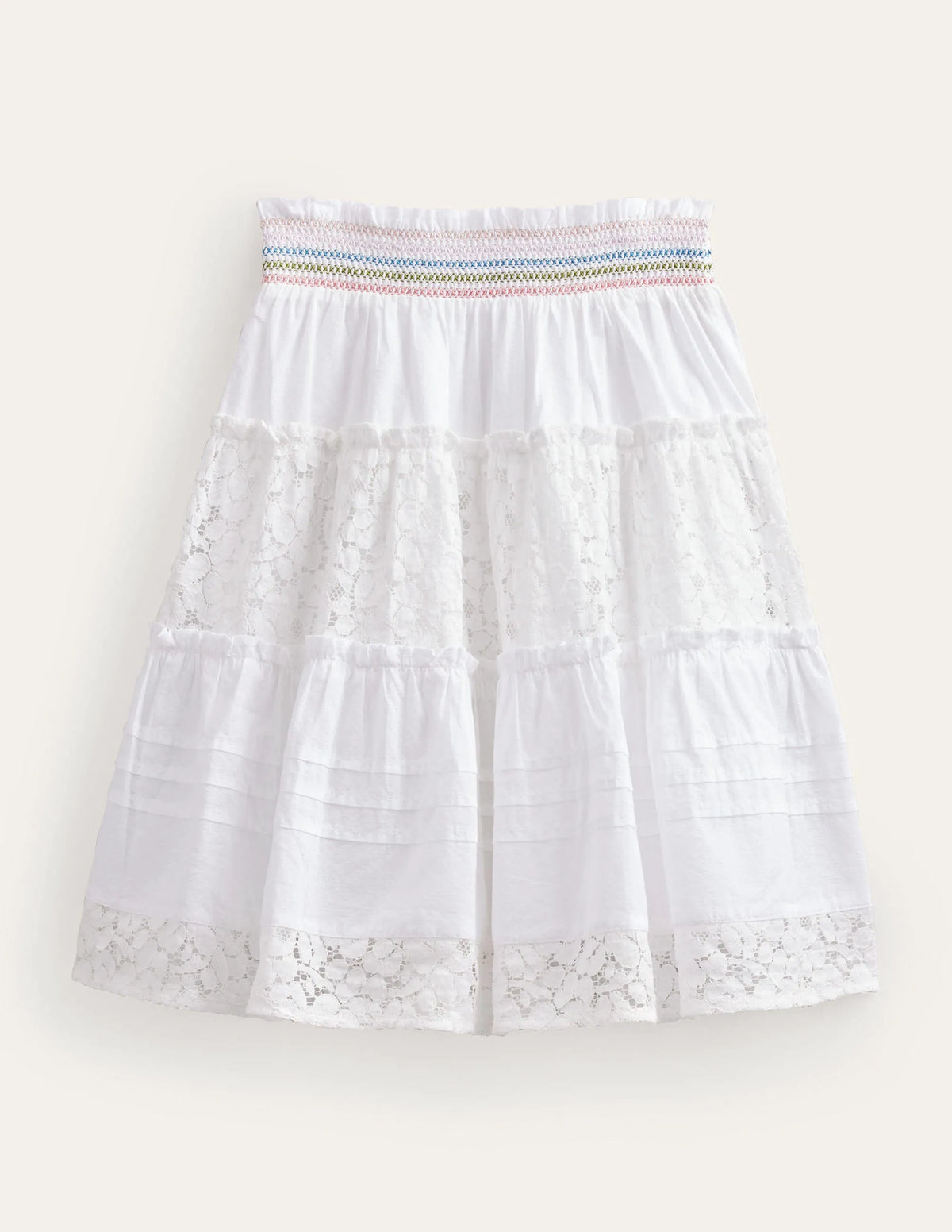 Smocked Tiered Midi Skirt-White