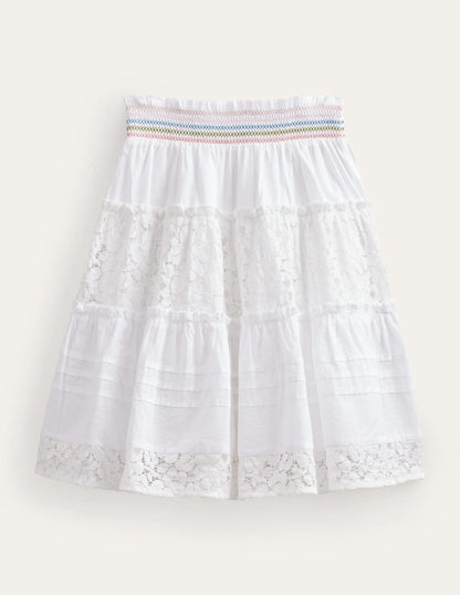 Smocked Tiered Midi Skirt-White