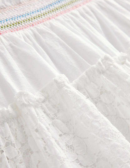 Smocked Tiered Midi Skirt-White