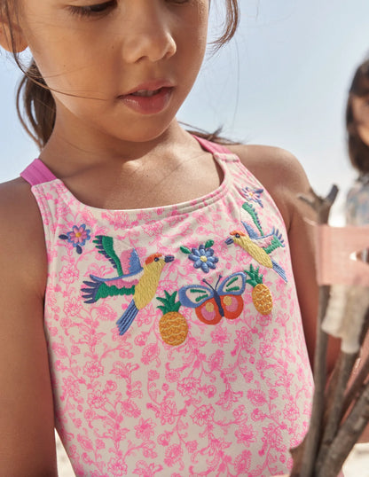 Embroidered Swimsuit-Festival Pink Summer Vine