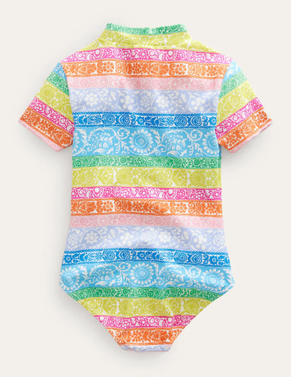 Short-sleeved Swimsuit-Ivory, Multi Wallpaper Stripe