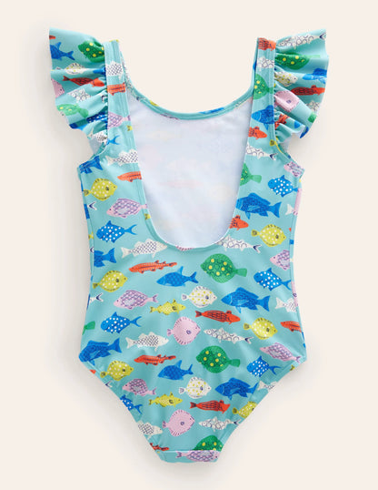 Flutter Sleeve Swimsuit-Aqua Sea Multi Fish