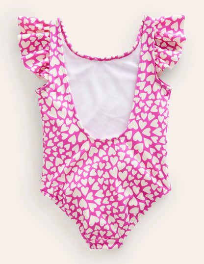 Flutter Sleeve Swimsuit-Ivory, Shocking Pink Hearts