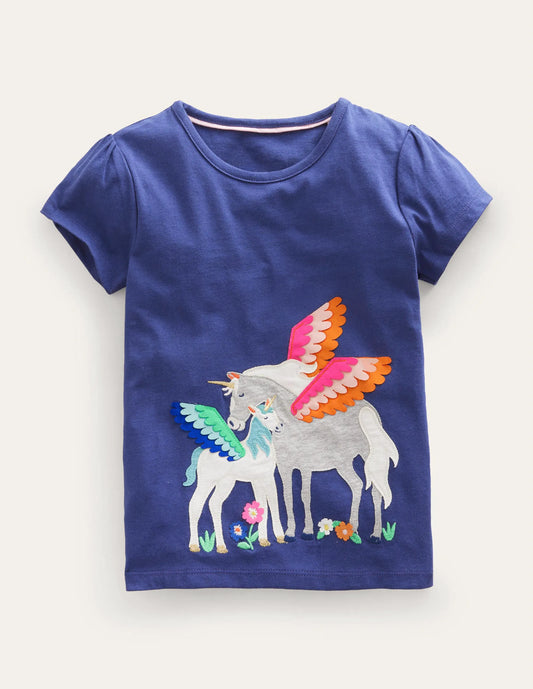 Puff Sleeve Appliqué T-shirt-Soft Starboard Unicorns