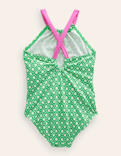 Loop Back Swimsuit-Ivory School Green Daisy Dot