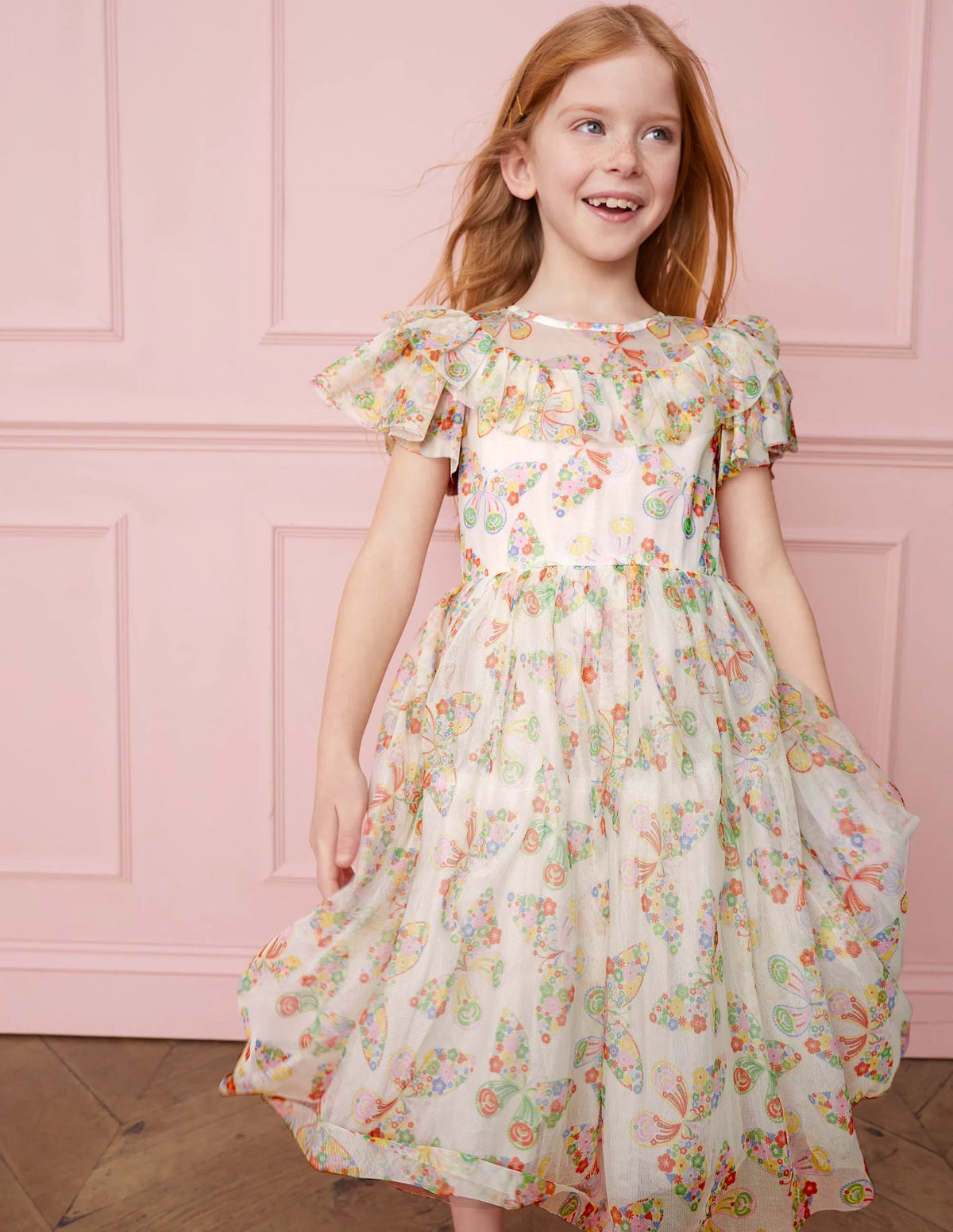 Frilly Tulle Dress-Ivory Multi Butterflies