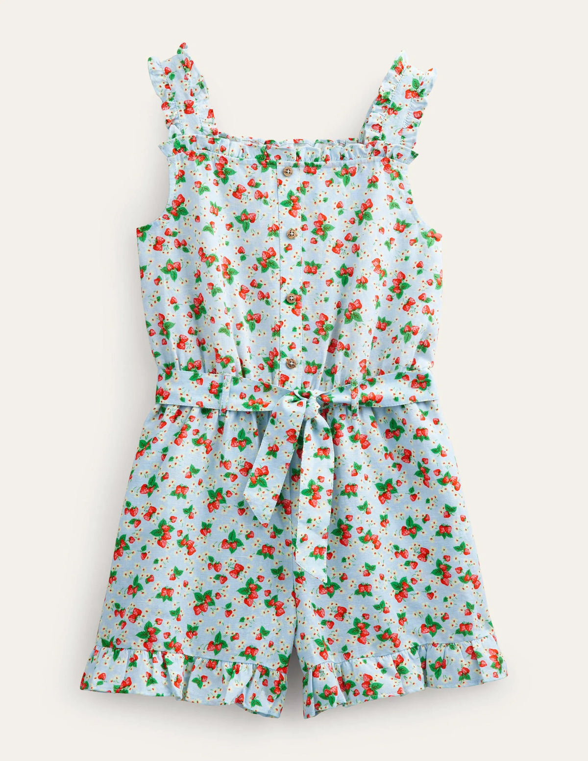 Linen-Cotton Ruffle Romper-Surf Strawberry Ditsy