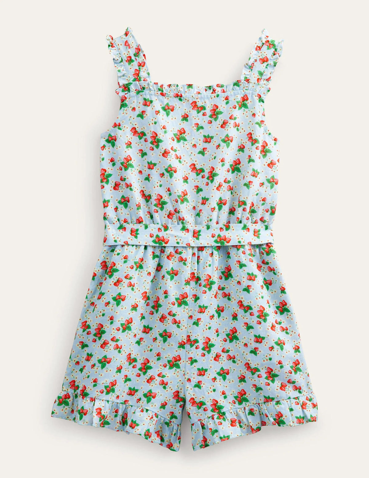 Linen-Cotton Ruffle Romper-Surf Strawberry Ditsy