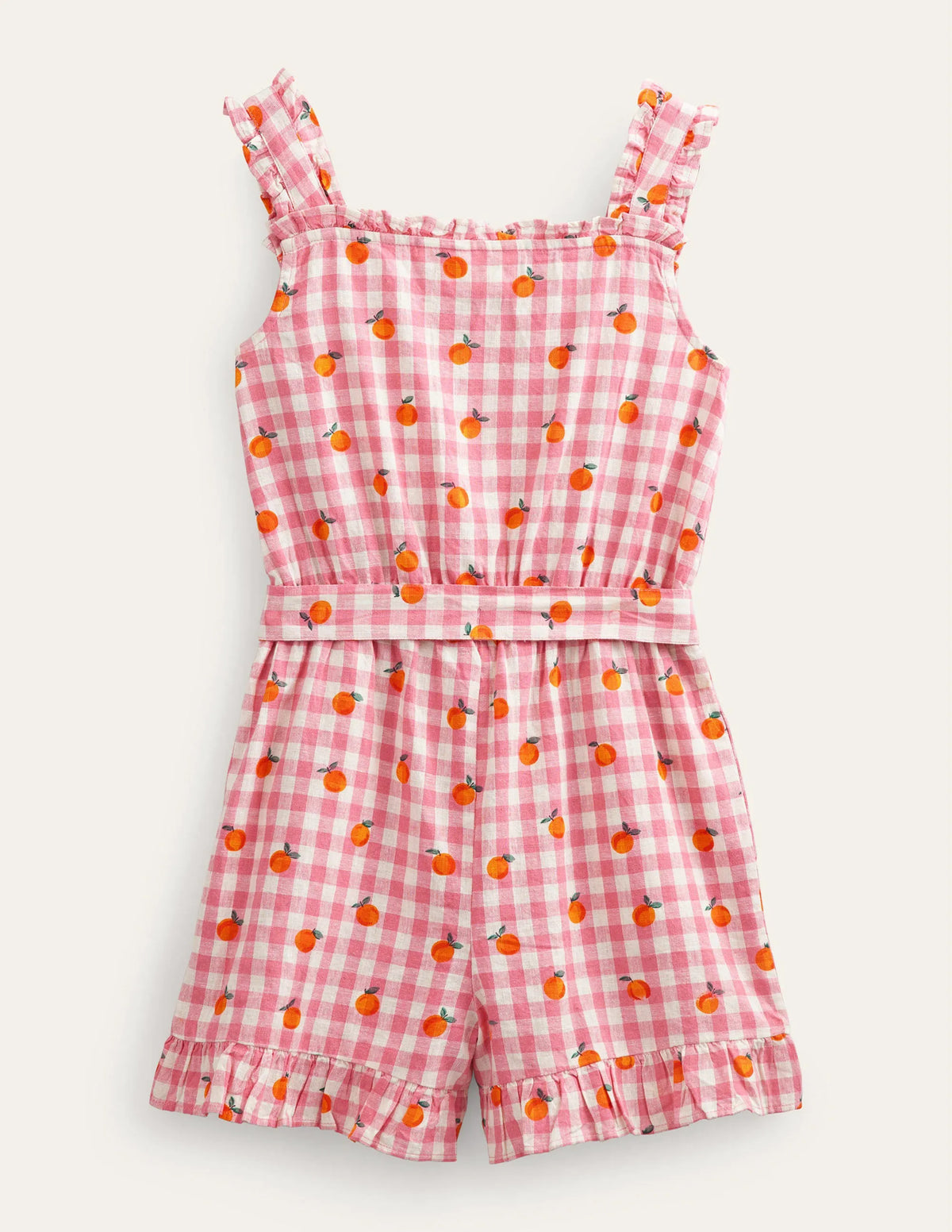 Linen-Cotton Ruffle Romper-Azalea and Ivory Gingham