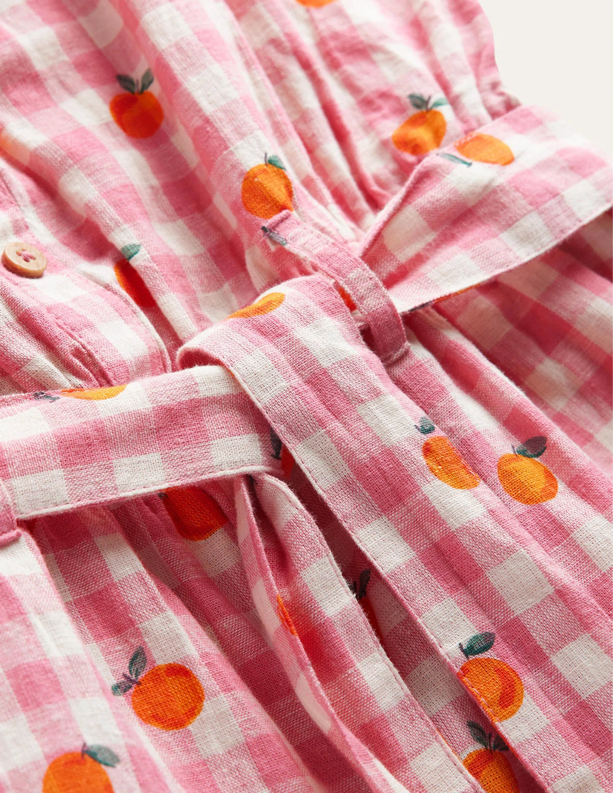 Linen-Cotton Ruffle Romper-Azalea and Ivory Gingham