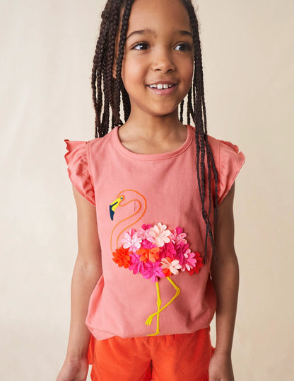 Embroidered Flutter Top-Peach Sorbet Flamingo