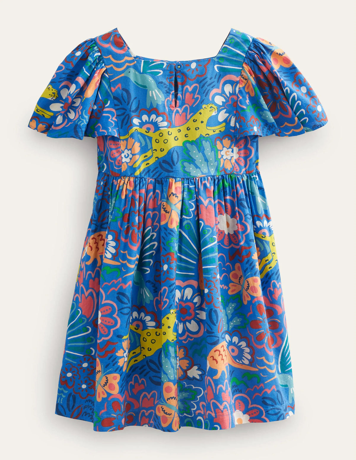 Flutter-Sleeve Printed Dress-Blue Floral Animals
