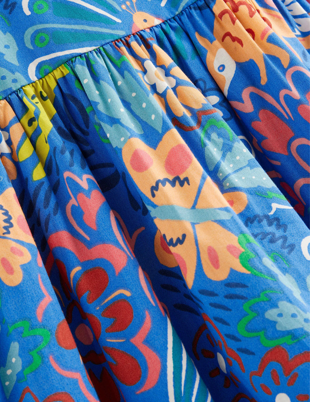 Flutter-Sleeve Printed Dress-Blue Floral Animals
