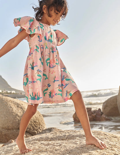 Flutter-Sleeve Printed Dress-Pink Magical Mermaid Ombre