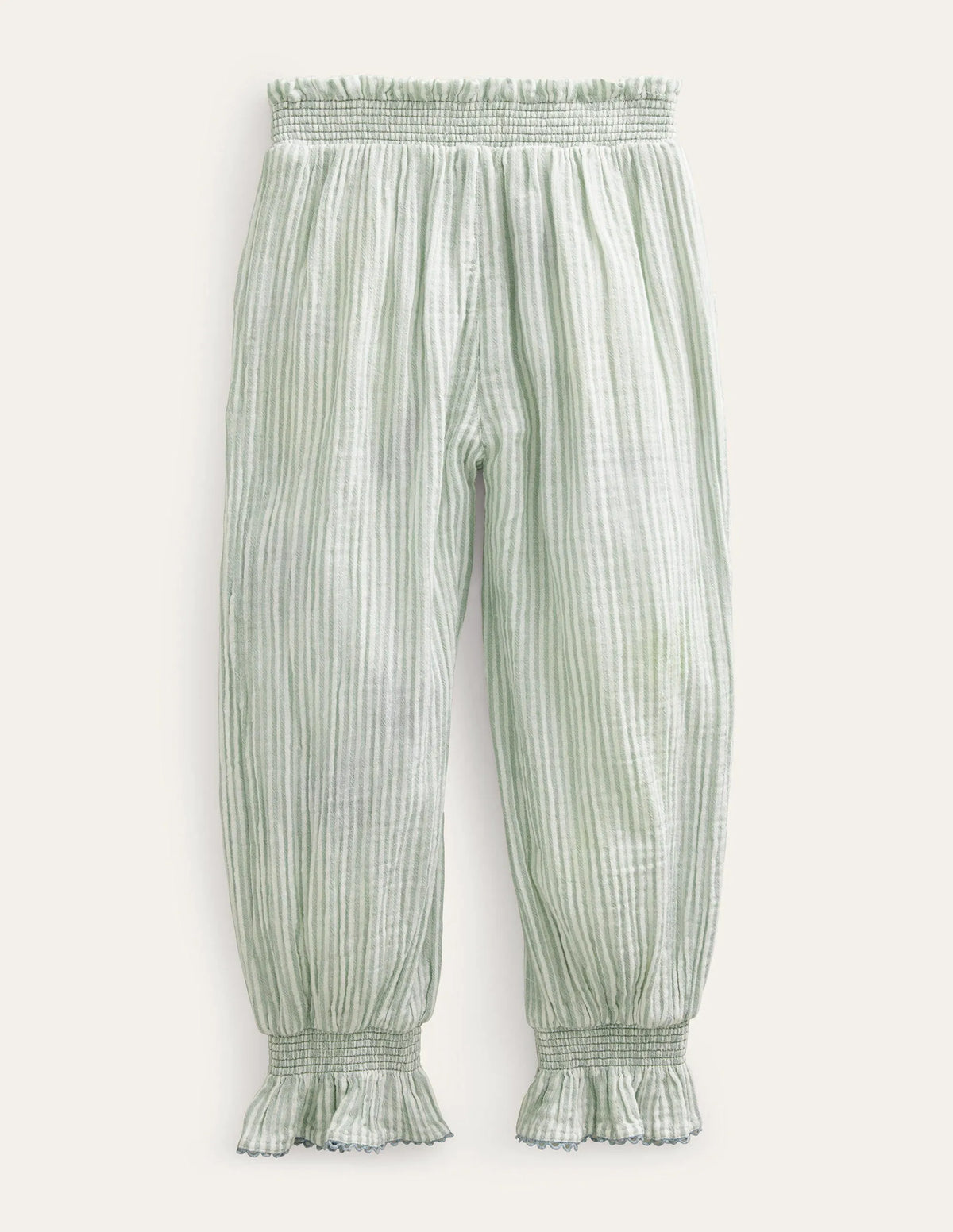 Embroidered Balloon Pants-Green Embroidered Ticking