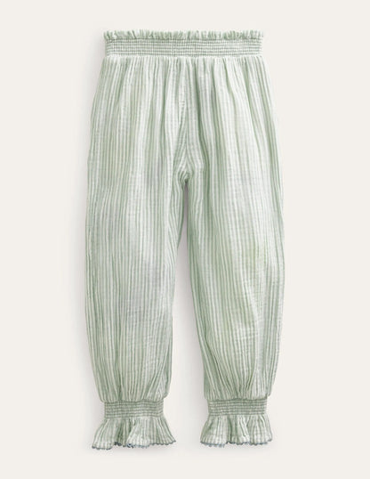 Embroidered Balloon Pants-Green Embroidered Ticking