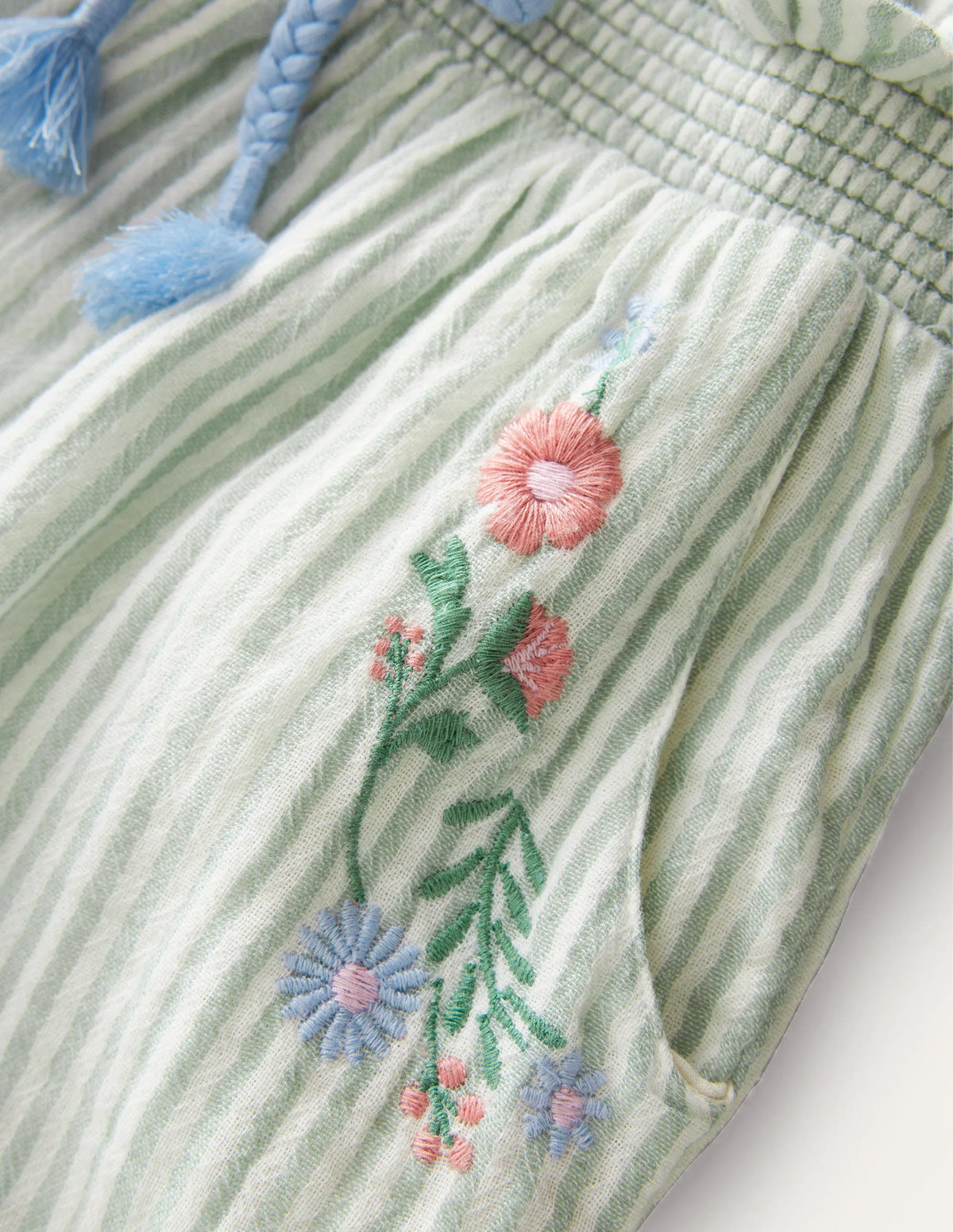 Embroidered Balloon Pants-Green Embroidered Ticking