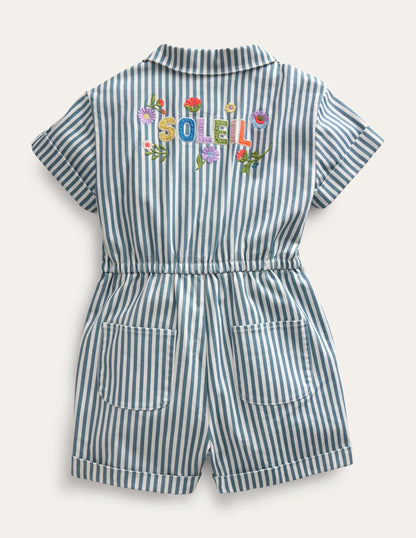 Embroidered Romper-Blue Ticking Stripe