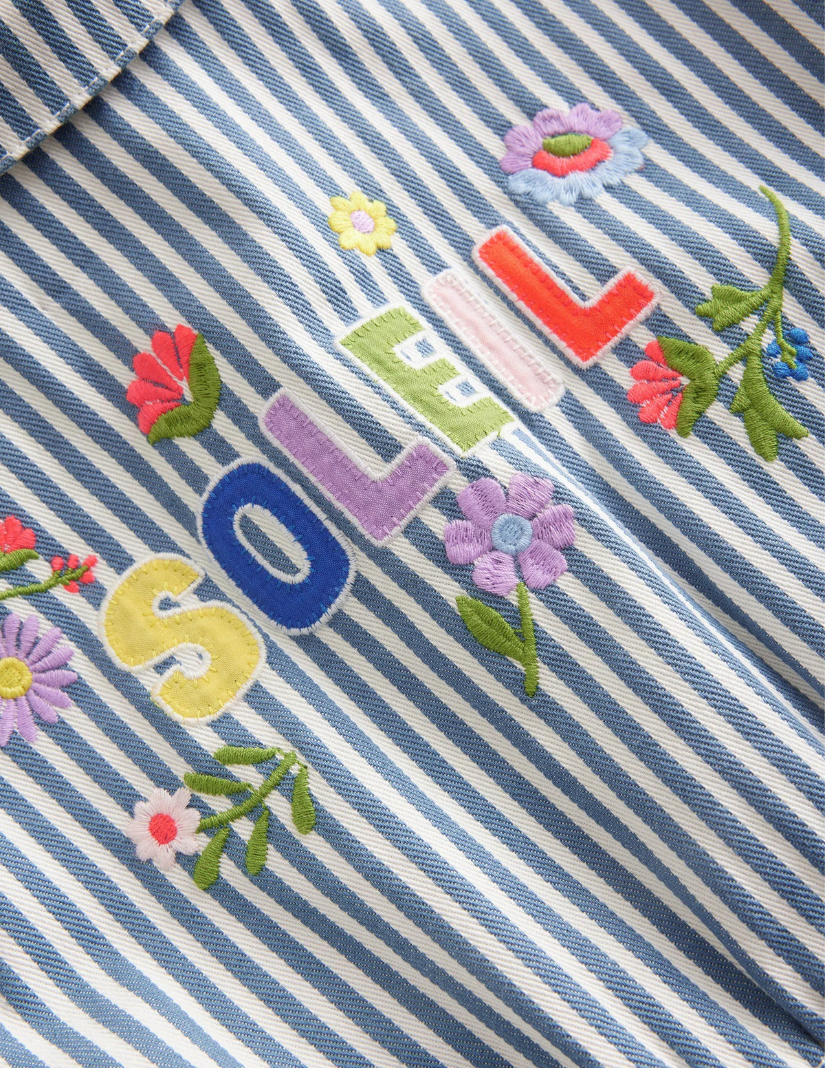 Embroidered Romper-Blue Ticking Stripe