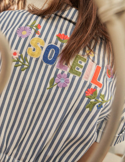 Embroidered Romper-Blue Ticking Stripe