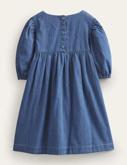 Embroidered Woven Dress-Mid Denim