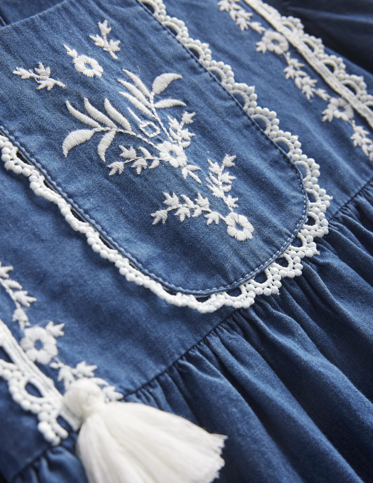 Embroidered Woven Dress-Mid Denim