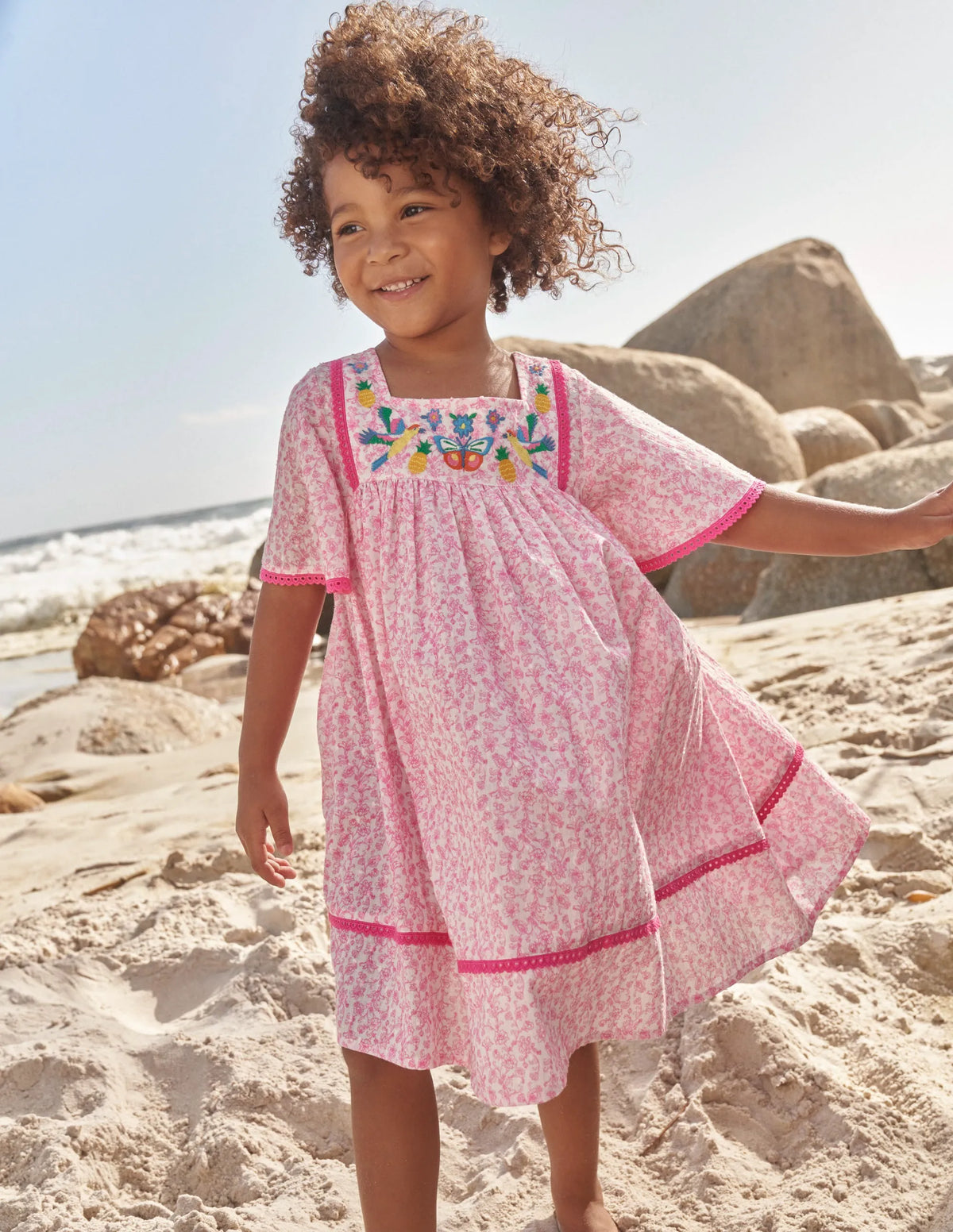 Embroidered Floaty Dress-Festival Pink Summer Vine