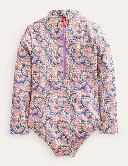 Long Sleeve Trim Swimsuit-Lupin and Peach Sorbet Paisley